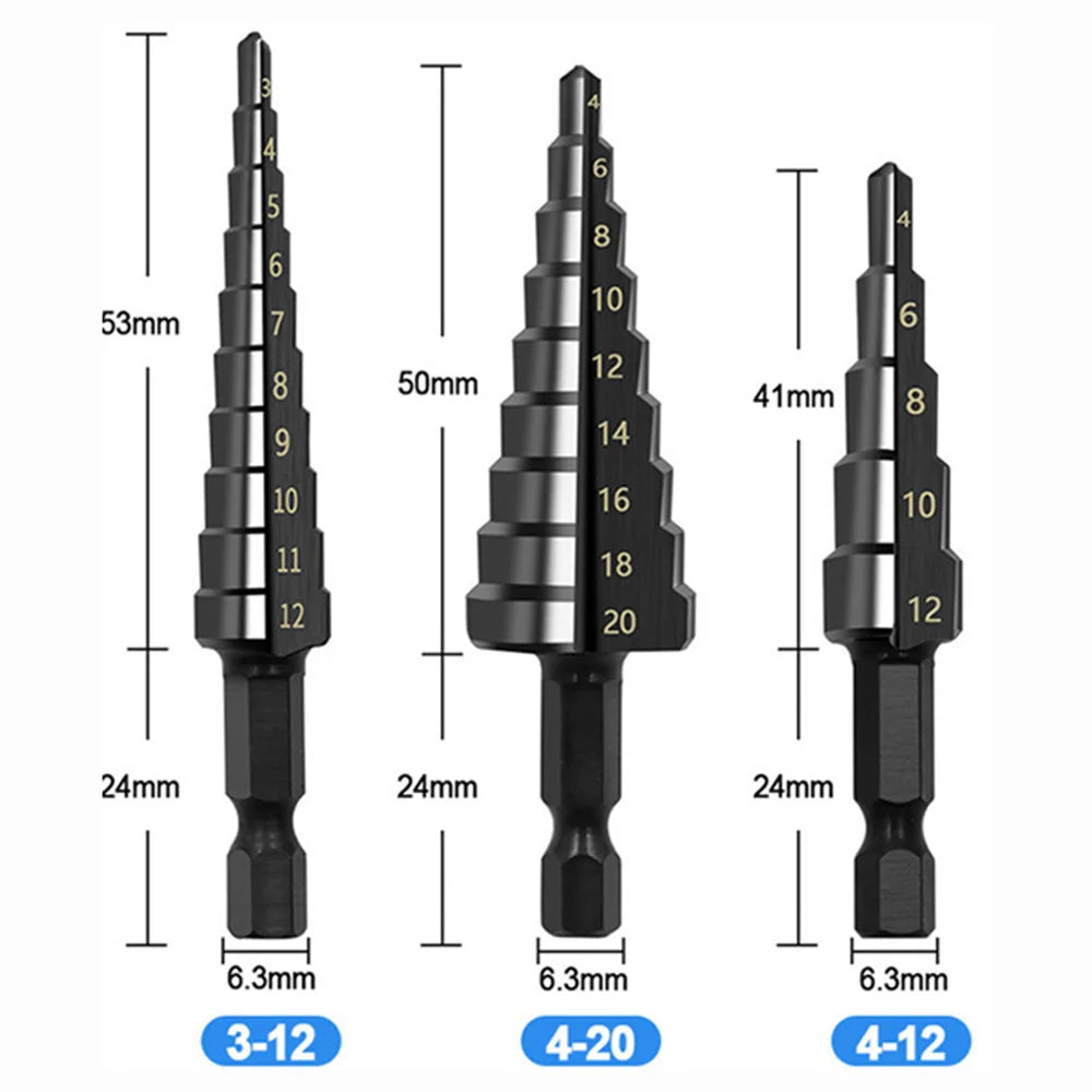 3pc 3-12mm 4-12mm 4-20mm HSS Straight Groove Step Drill Bit Set Titanium Coated Wood Metal Hole Cutter Core Drill Bit Set