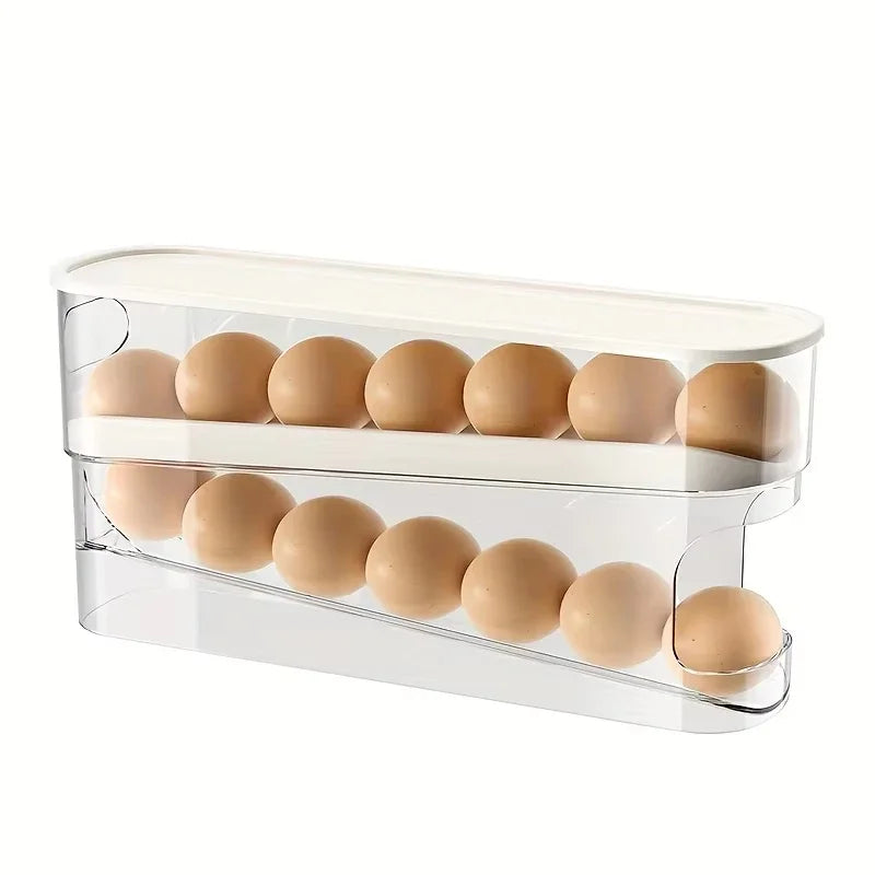 Double-Layer Ladder Style Egg Storage Box – Automatic Rolling Refrigerator Egg Holder Rack for Kitchen