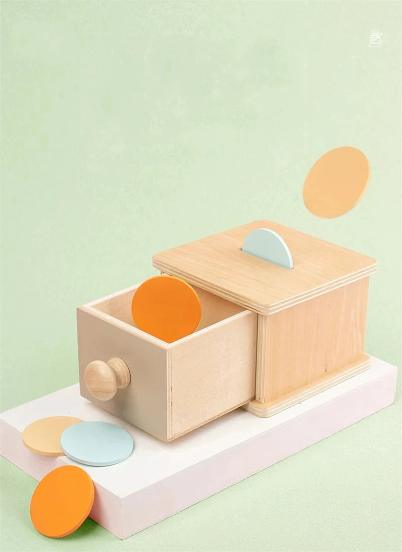 Montessori Coin Ball Box  Toy Wooden Object Permanence Box Macaroon Color Spinning Drum Drawer Box Educational Toys