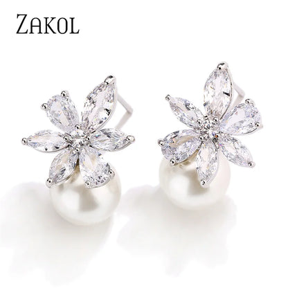 Imitation Pearl Flower Stud Earrings Shinny Marquise Zircon Wedding Earring