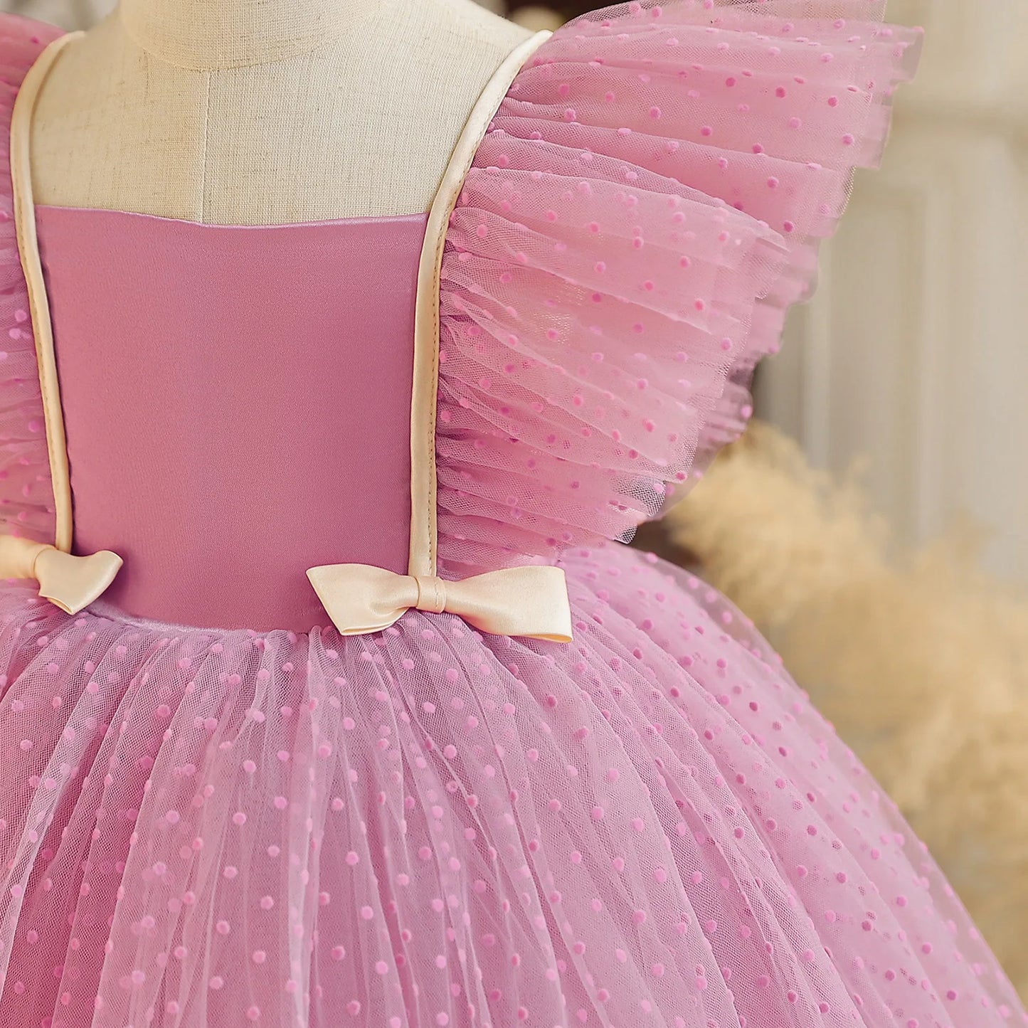 Girls Flying Sleeves Polka Dot Mesh Princess Dress Children Performance Fluffy Costume for Christmas New Year Party