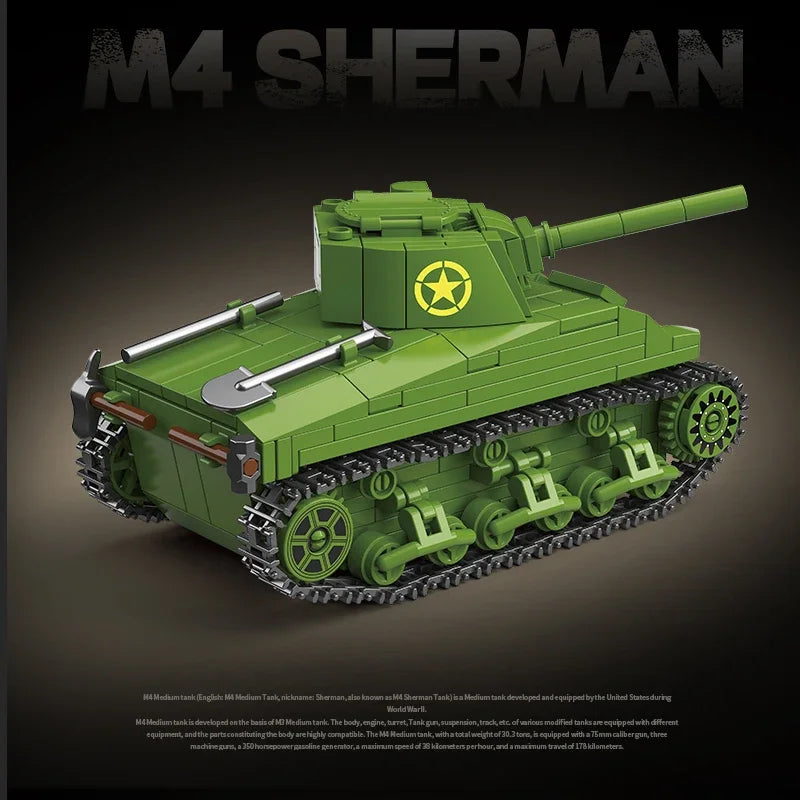 US Army Military World War WW2 M4 Sherman 75 Medium Tank Building Blocks Stuart Tank Bricks Educational Toys for s Gift