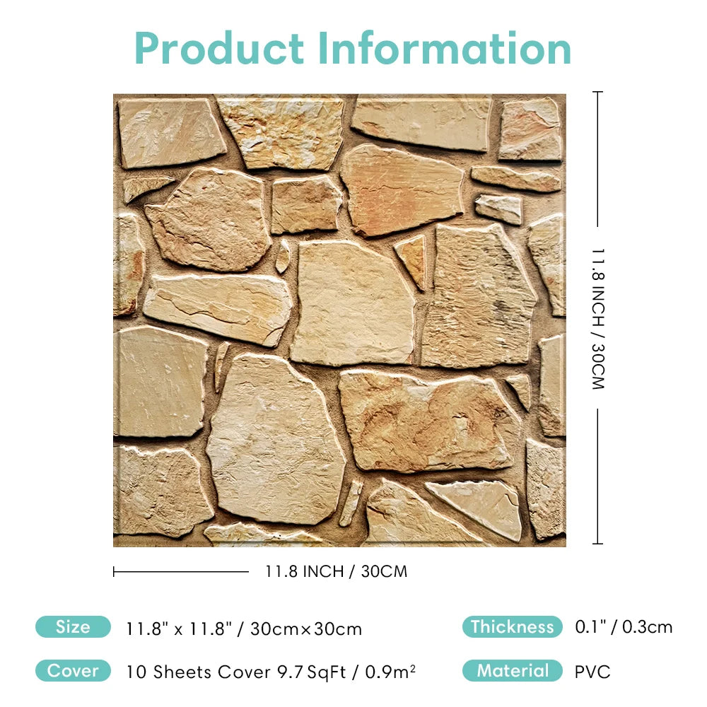 10pcs 3D Faux Stone Wall Panels Peel and Stick Wall Tiles Decorative 3D Wall Sticker Self-adhesive Wall Tile Sticker