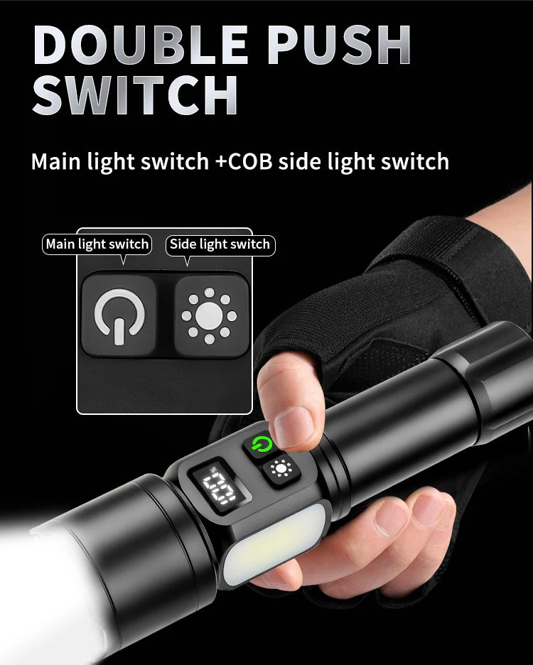 White Laser High Power Rechargeable LED Flashlight with Digital Display Magnet COB Side Light Zoom Torch