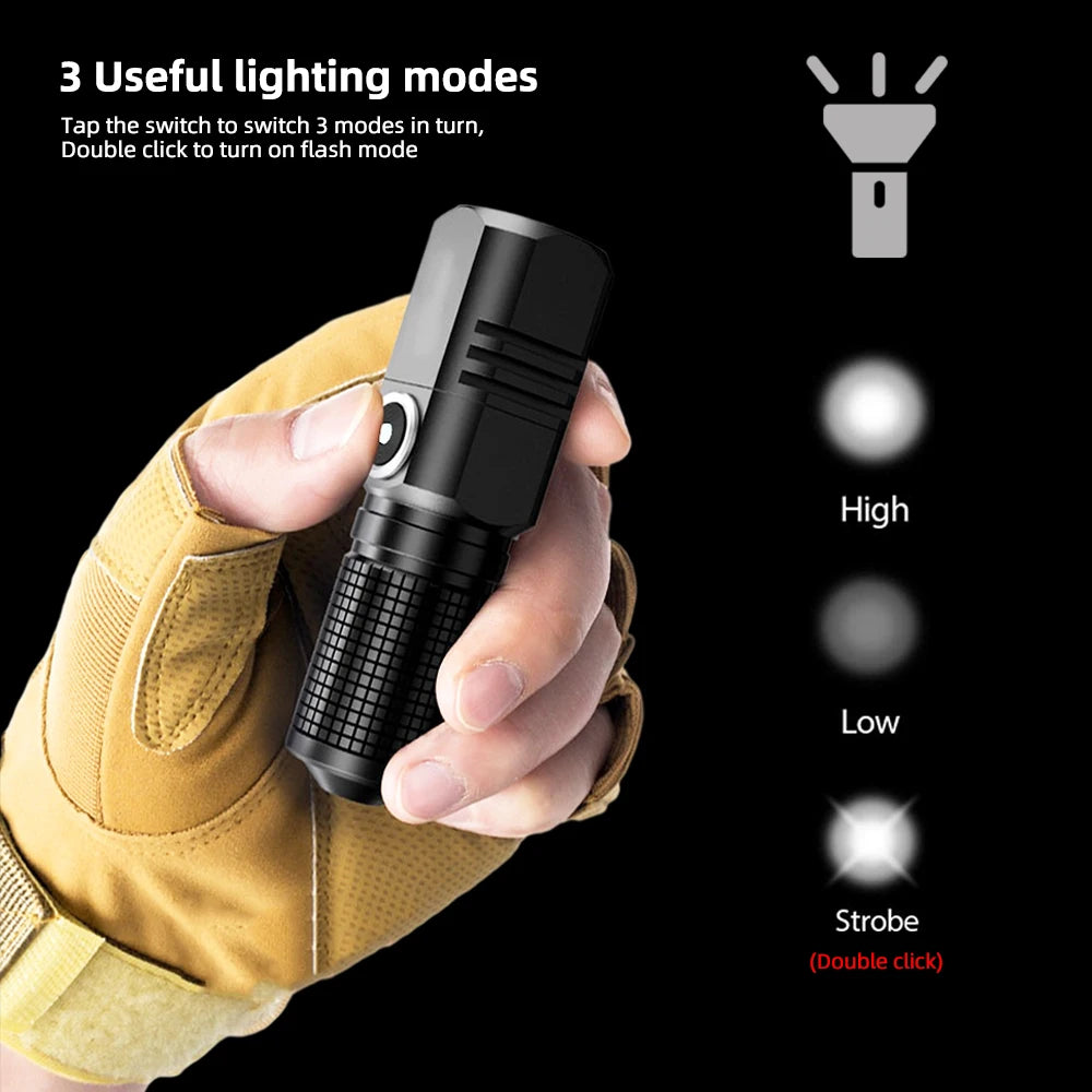 Mini XHP50 LED Flashlight Rechargeable USB Zoom Torch Super Bright Portable Camping Light