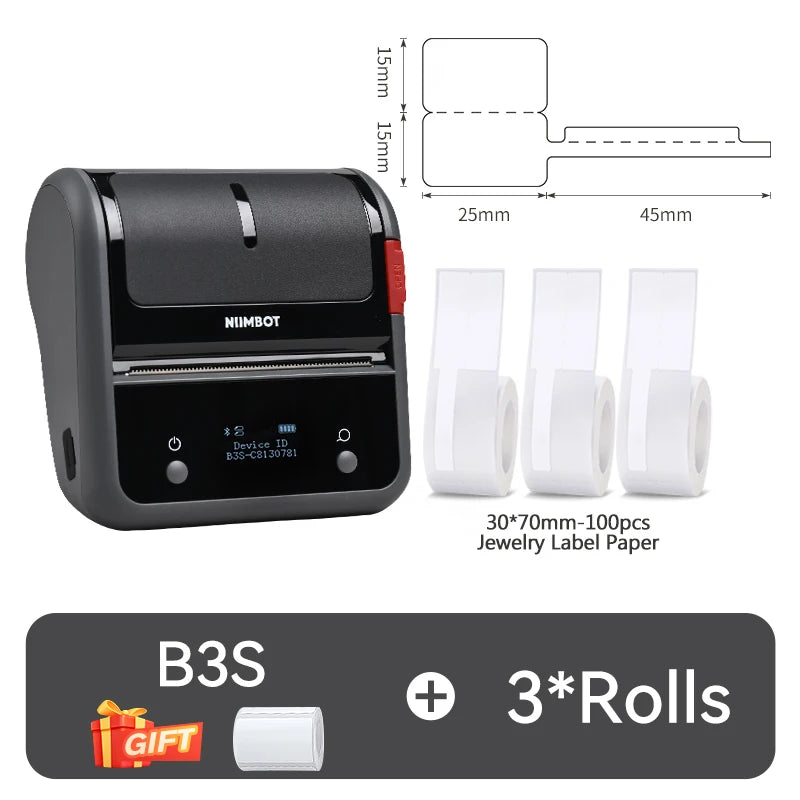 B3S Barcode Thermal Label Printer, Bluetooth Wireless Sticker Maker 20–75mm, Portable Inkless Label Printer for Clothing Jewelry & Shipping