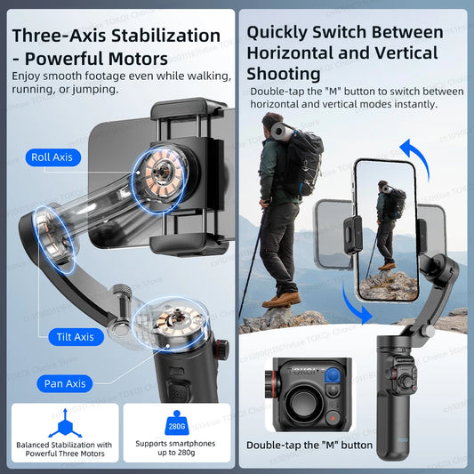 3-Axis Handheld Gimbal Stabilizer for Smartphone with Wireless Remote for iPhone Android Phone Face Tracking Tiktok Vlog
