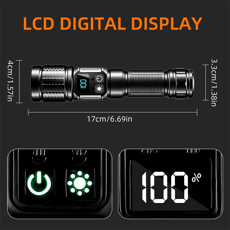 Rechargeable LED Flashlight With Magnetic Base COB Light Zoom And Power Display