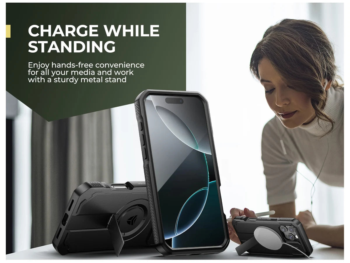 For iPhone 16 Pro Max Rugged Armor Shockproof Case with Built-in Sliding Camera Cover and Built-in Screen Protector Kickstand