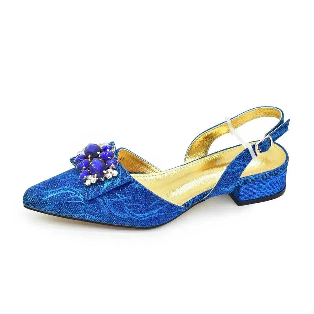 Women Shoes and Bags To Match Set Italy Lady Crystal Low Heels Pointed Toe Party Shoe and Bag African Women Ladies Wedding Pumps