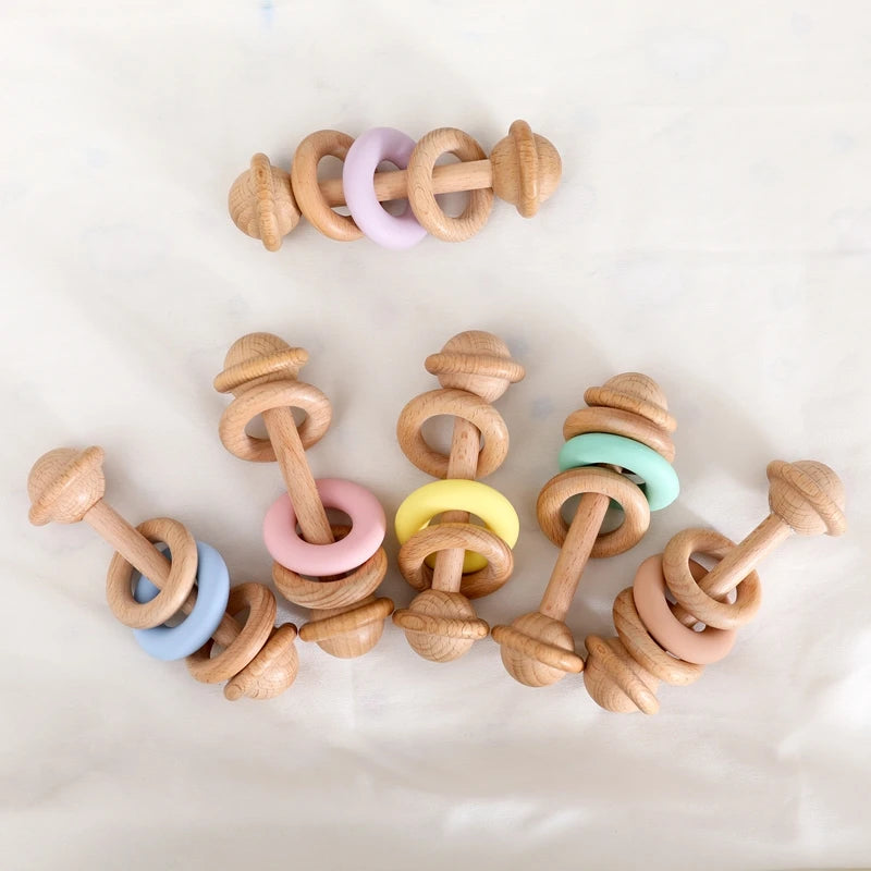 1pc Baby Toys Beech Wooden Rattle Hand Bells Toys Of Newbron Montessori Educational Toys Mobile Rattle Wooden Ring Baby Products