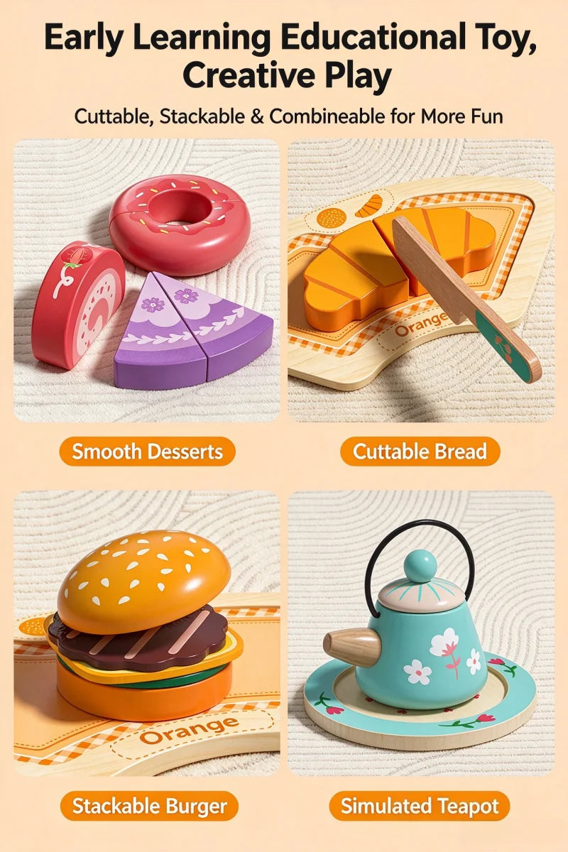 Wooden Tea Set Pretend Play Toy with Teapot and Teacups