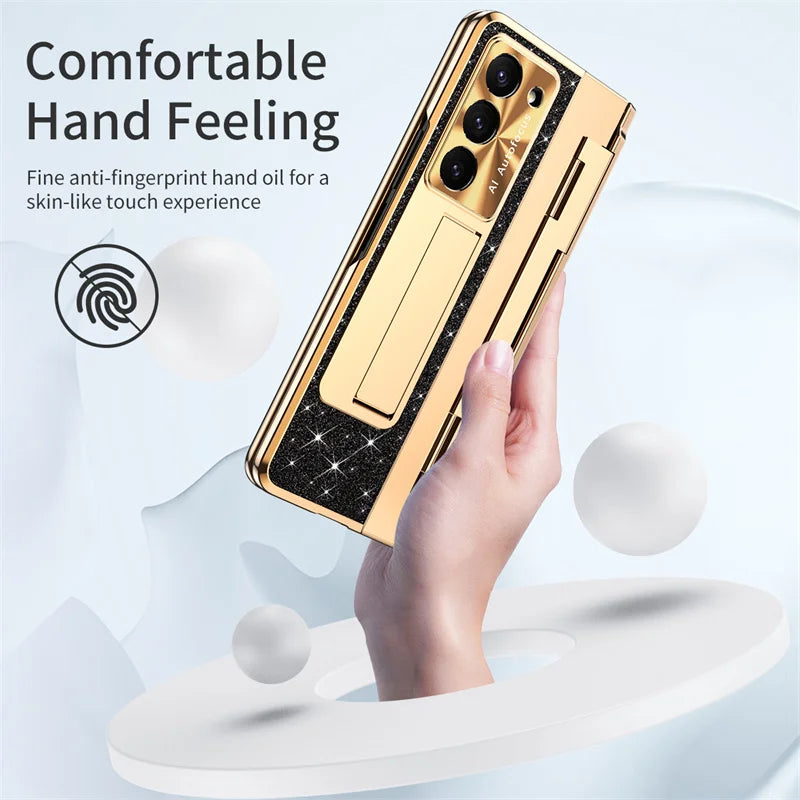 Luxury Flip Leather PC Integrated Phone Case For Samsung Galaxy Z Fold 3 4 5 6 Glitter Series With Holder Phone Protective Case
