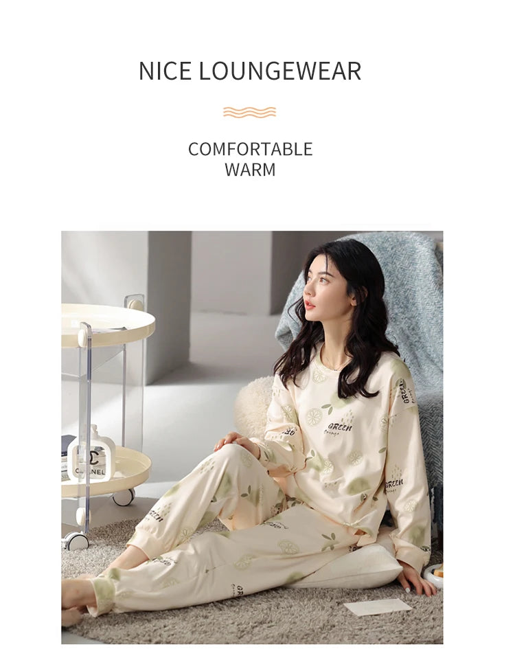 Women’s Cute Lazy Style Cotton Pajama Set – Soft, Loose Long Sleeves & Pants