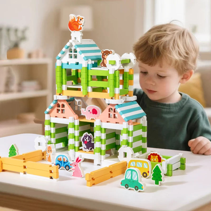 Wooden Beach Villa Building Blocks Construction Toy Set