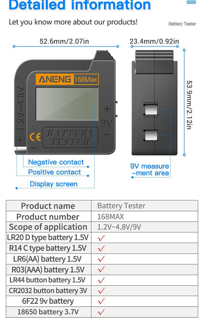 Max Digital Lithium Battery Tester Capacity Universal Test Checkered Load Analyzer Display Check AAA AA Button Cell