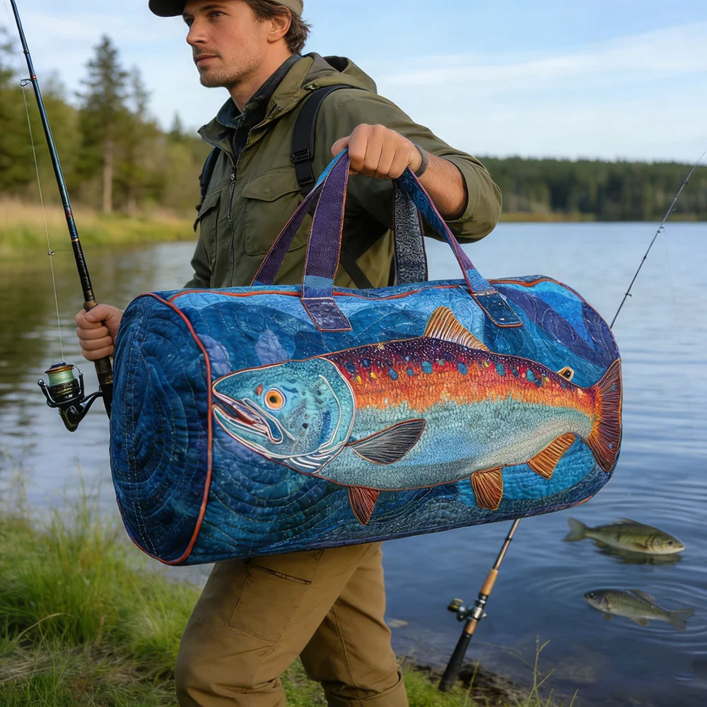 Trendy Handmade Quilted Fishing Gear Bag Bass Fish 3D Printed Duffle Bag Weekender Bag for Men Fisherman Gift Outdoor Adventures