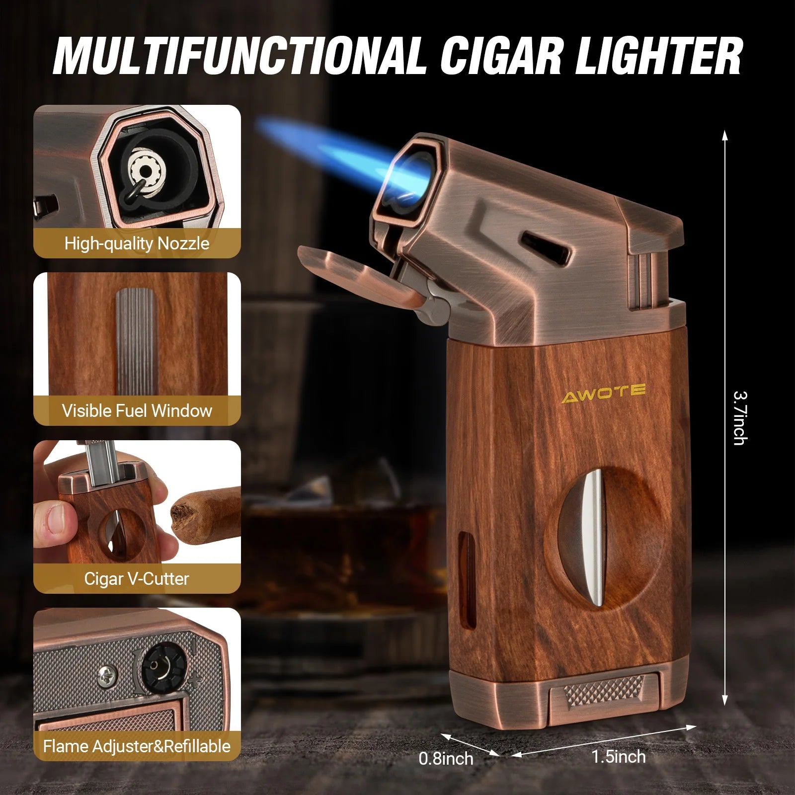 Travel Cigar Humidor with Cigar Lighter, Cedar Wood, V Cut Cutter, Portable Cigar Humidor with Humidifier & Hygrometer