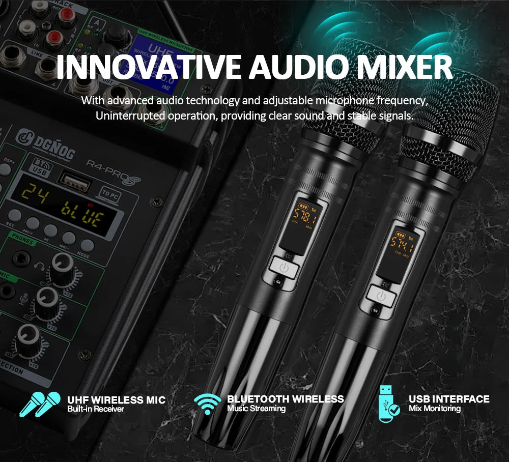 DGNOG Dual UHF Wireless Microphone DJ Audio Mixer 4 Channel Mixer Karaoke Mixer USB Bluetooth for Computer Recording Studio