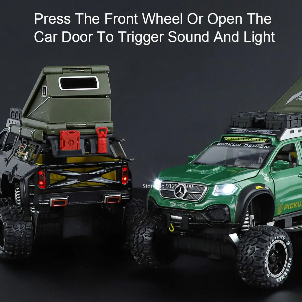 1:28 Scale X-Class 6x6 UNIMOG Motorhome Camping Car Model Toy Shock Absorption Sound Light Pull Back Off-road Vehicles Boys Gift