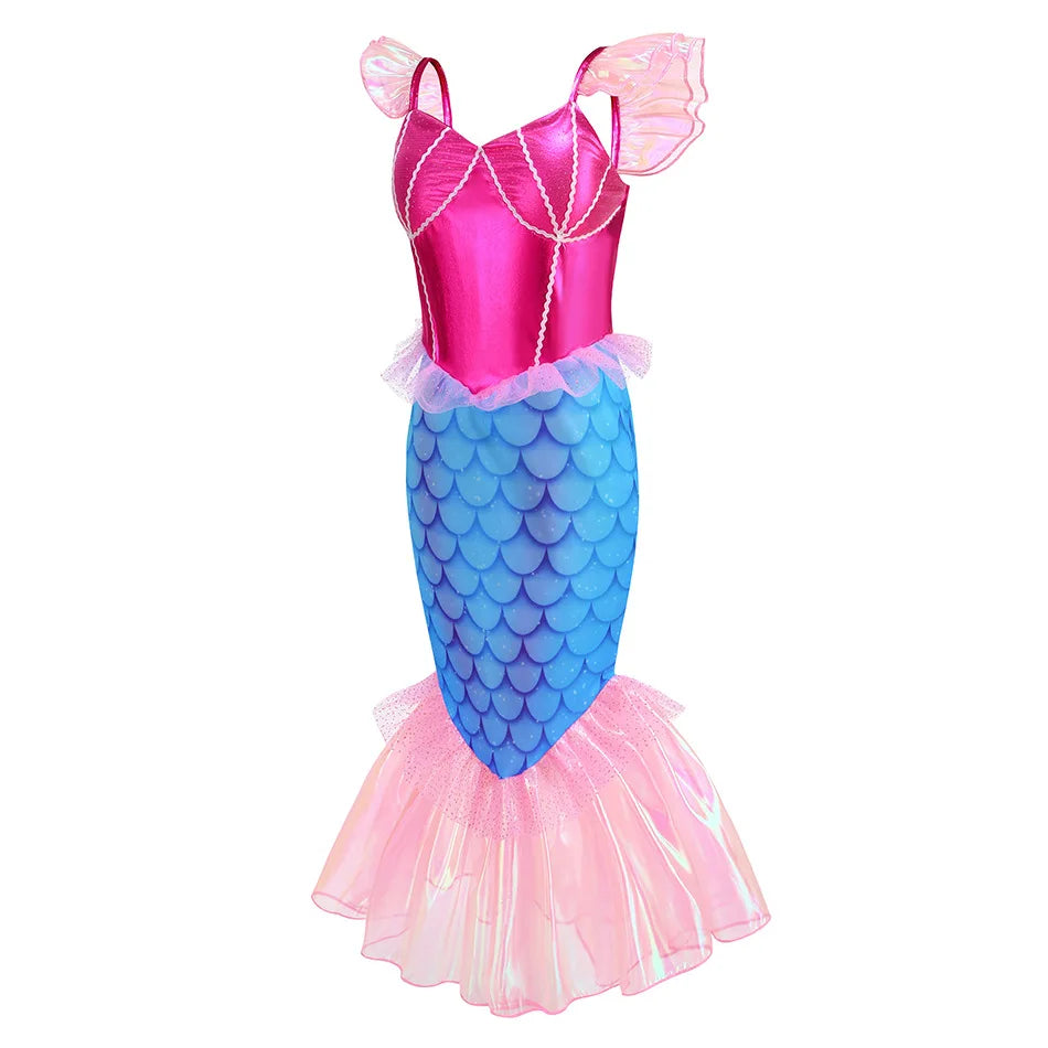 New Blue Red Purple Three Colors Mermaid Flying Sleeve Fishtail Beautiful Dress For Girl Summer Beach Party Cool Gown
