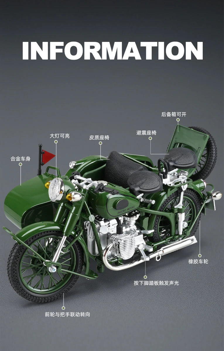 1/10 Alloy Retro Tricycle Side-car Motorcycle Model Diecast Metal Classic Military Motorcycle Model Sound and Light Toy Gift