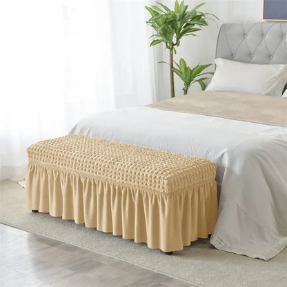 Stretch Long Bench Cover with Skirt Seersucker Ottoman Covers Elastic Piano Stool Protector Bedroom Bedside Footrest Slipcovers