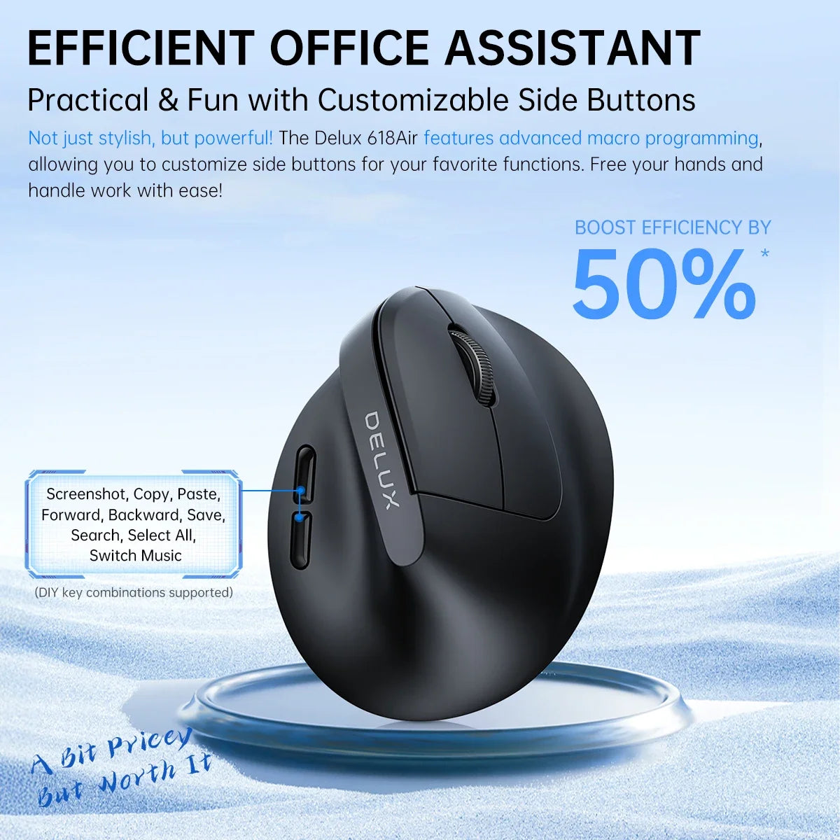 M618 Air Ergonomic Vertical Wireless Mouse – Rechargeable Silent Click, 2400 DPI