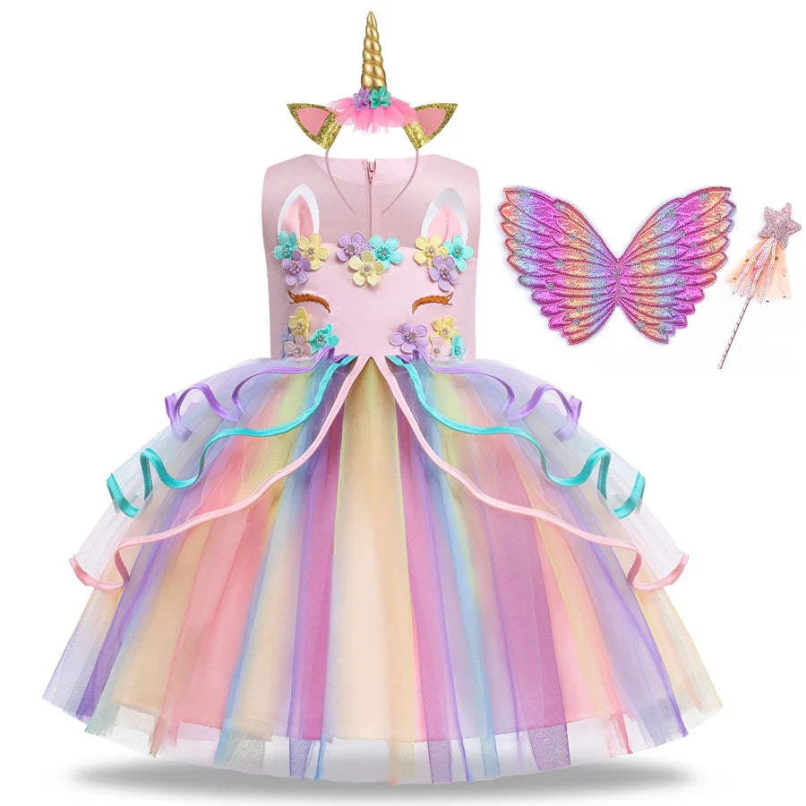 Rainbow Unicorn Princess Dress with Bow and Tulle Skirt Birthday Party Costume