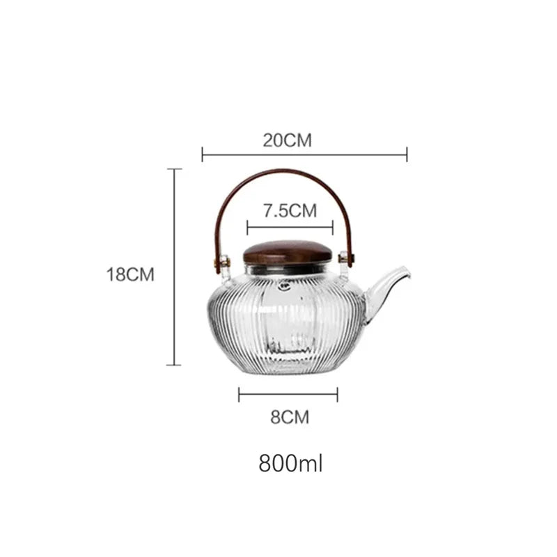 800ml Vertical Stripes Glass Teapot with Wooden Beam Handle and Tea Infuser