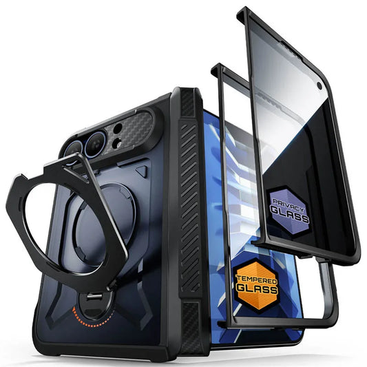 Rugged Magnetic Phone Case with 360 Degree Rotating Ring Stand and Clear and Privacy Screen Protectors for iPhone Duo