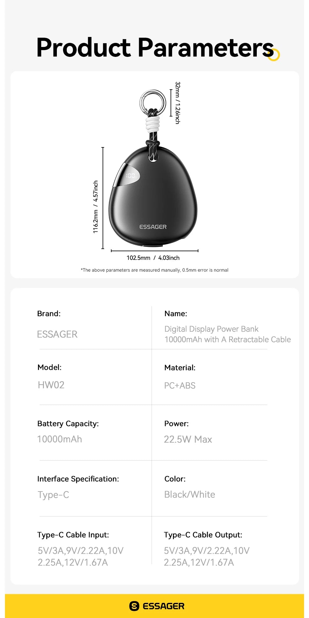 10000mAh Power Bank 22.5W Fast Charging Retractable Cable Wireless Charging with Digital Display & SOS Light