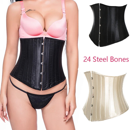 Satin Underbust Corset Bustier Waist Training Cincher Plus Size Gothic 24 Steel Boned Vintage Slimming Corset