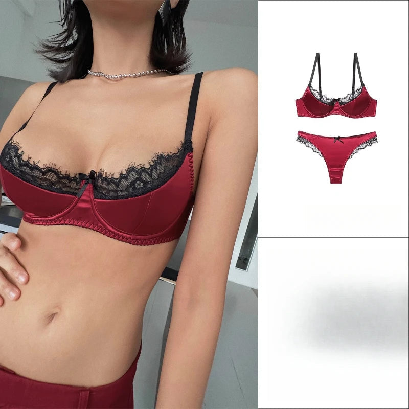 Womens Satin Patchwork Lace Underwire Push Up Bra Set