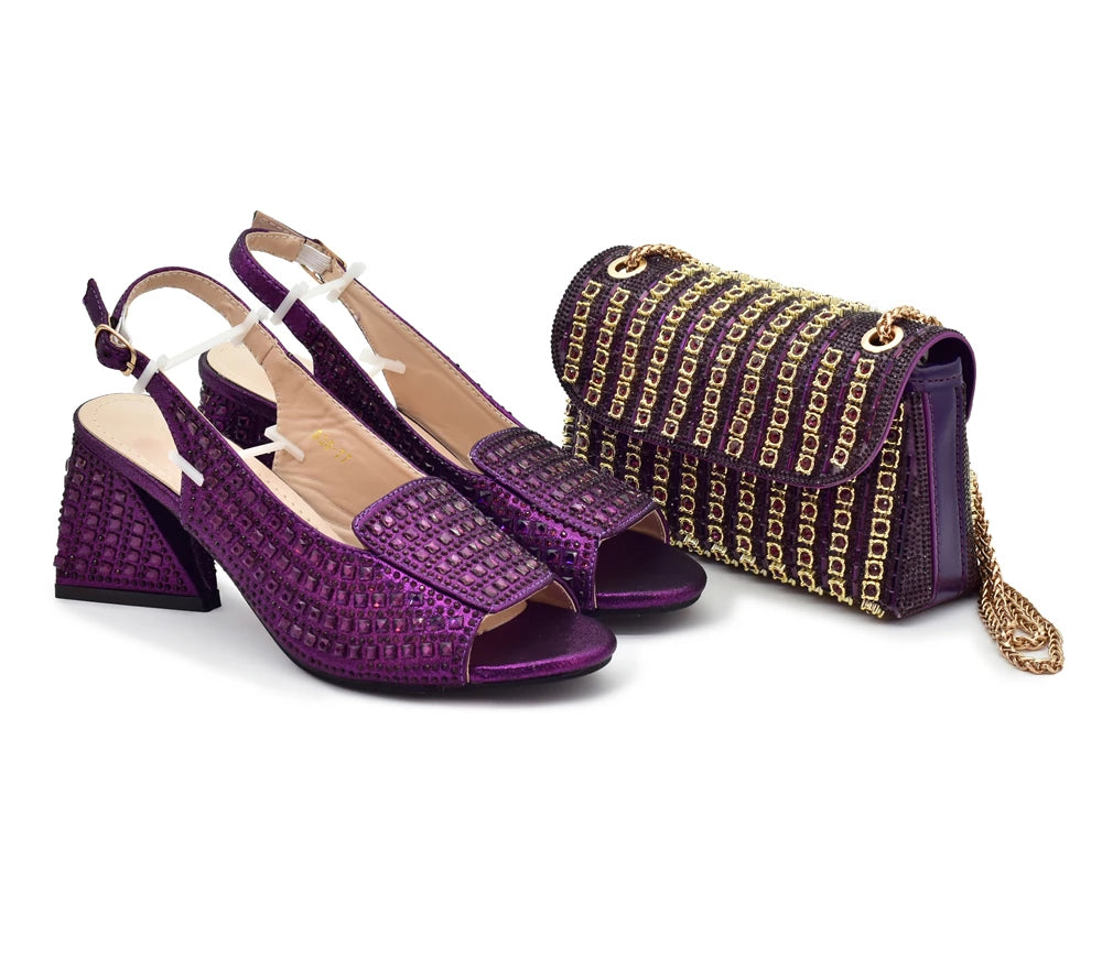 Nigerian Women's Purple Color Mid Heels Frosted Crystal Shiny Rhinestone Party Itaian Design Peep Toe Shoes and Bag Set