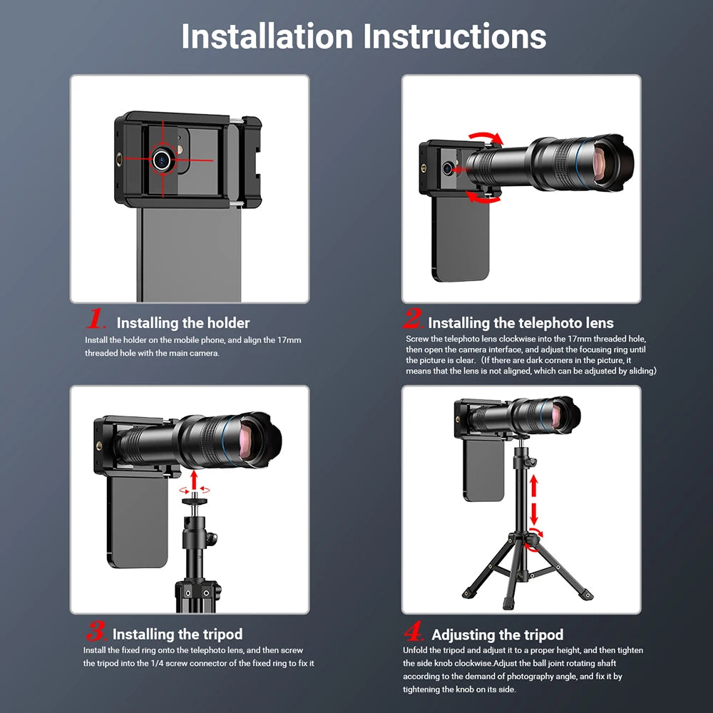 36X Smartphone Telephoto Lens with Tripod and Universal Clip