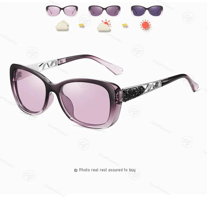 Diamond Frame Photochromic Polarized UV400 Fashion Sunglasses for Women Travel Glasses