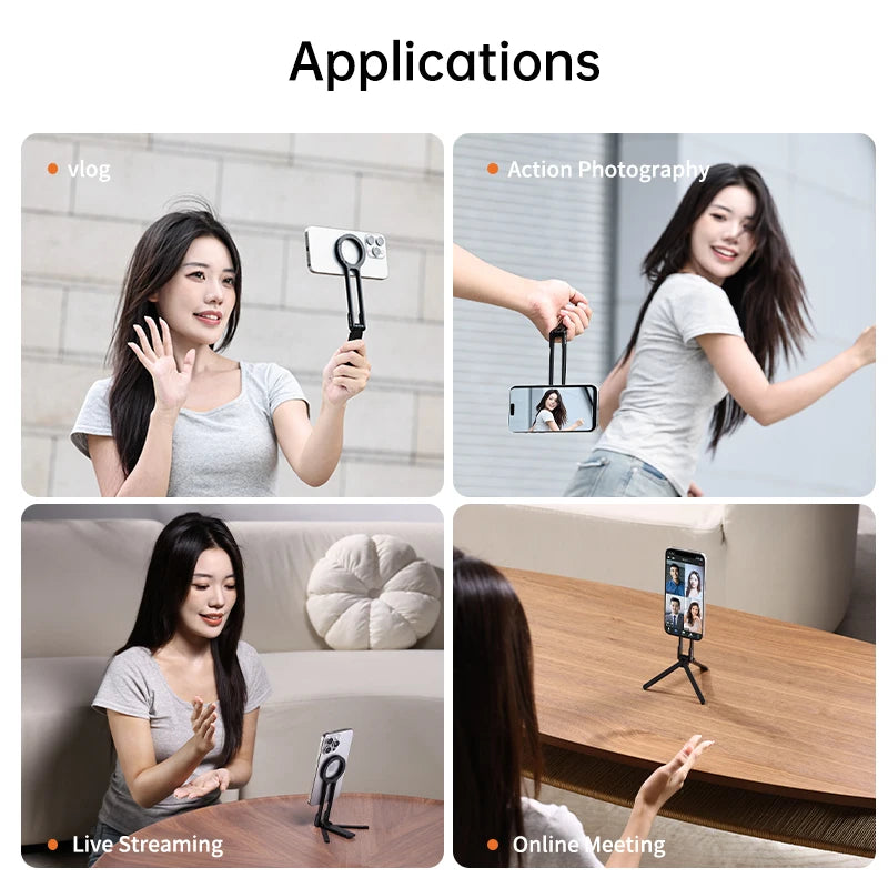 Black Carabiner-Mounted Phone Tripod for iPhone 15 14 13 12 Pro/Pro Max Dual-sided Magnet Tripod Desk Mount Phone Handle