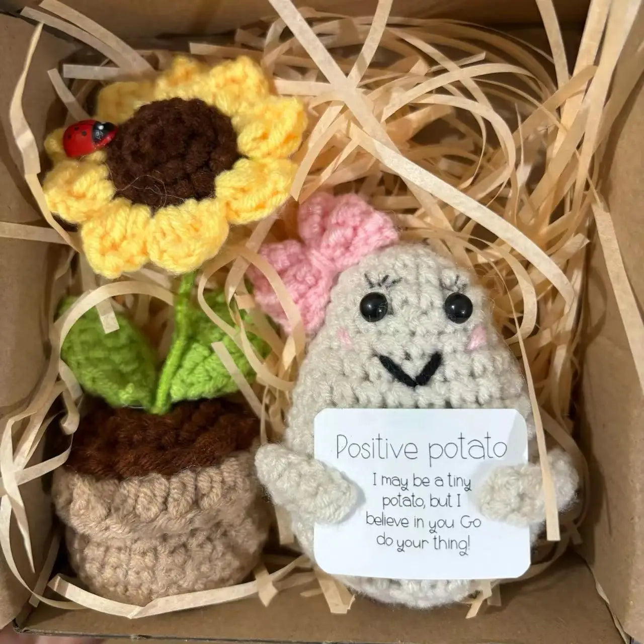 4 Pcs Positive Energy Cucumber with Sunflower Pot Kit Home Room Decor Funny Handmade Knitted Potatoes Wool Doll Christmas Gifts