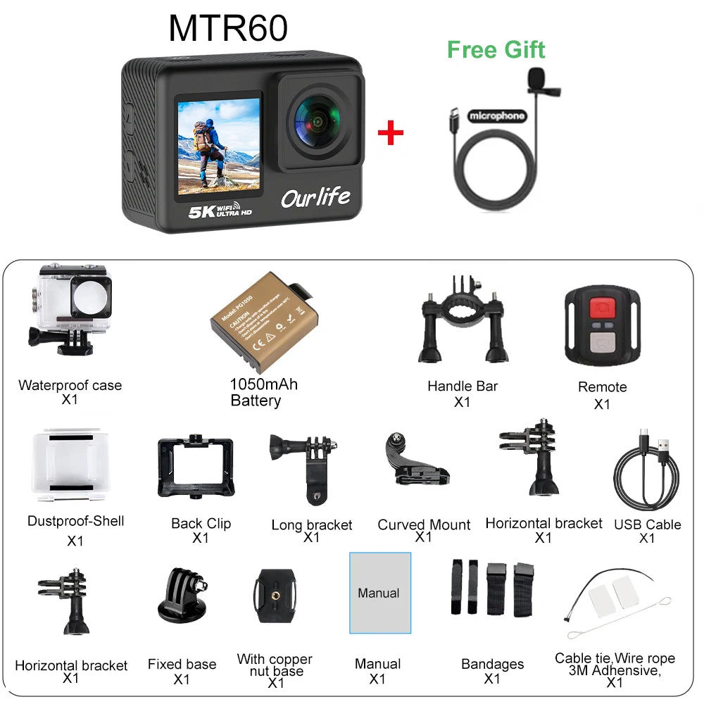 5K Action Camera with 2.0 Inch Touch Screen WiFi EIS and 30M Waterproof Housing