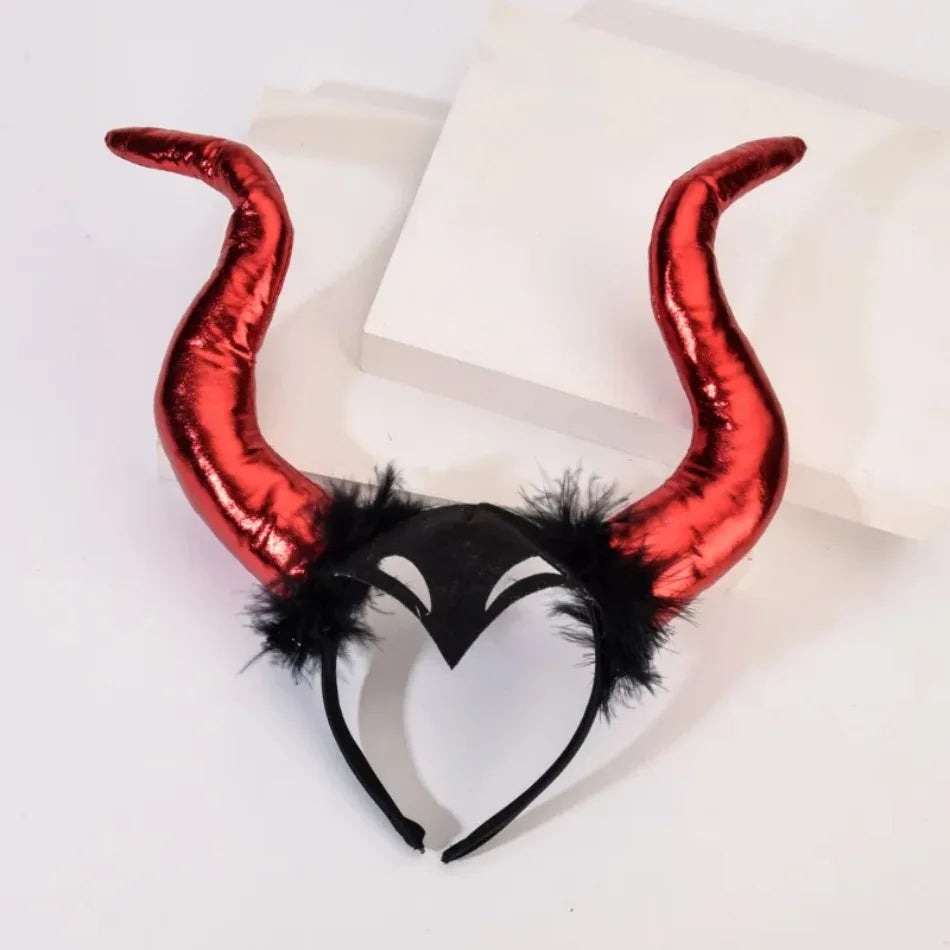 Girls Women Halloween Long Demon Ox Horn Headband Evil Queen Glitter Hair Hoop Cosplay Costume Magic Witch Headpiece Accessory