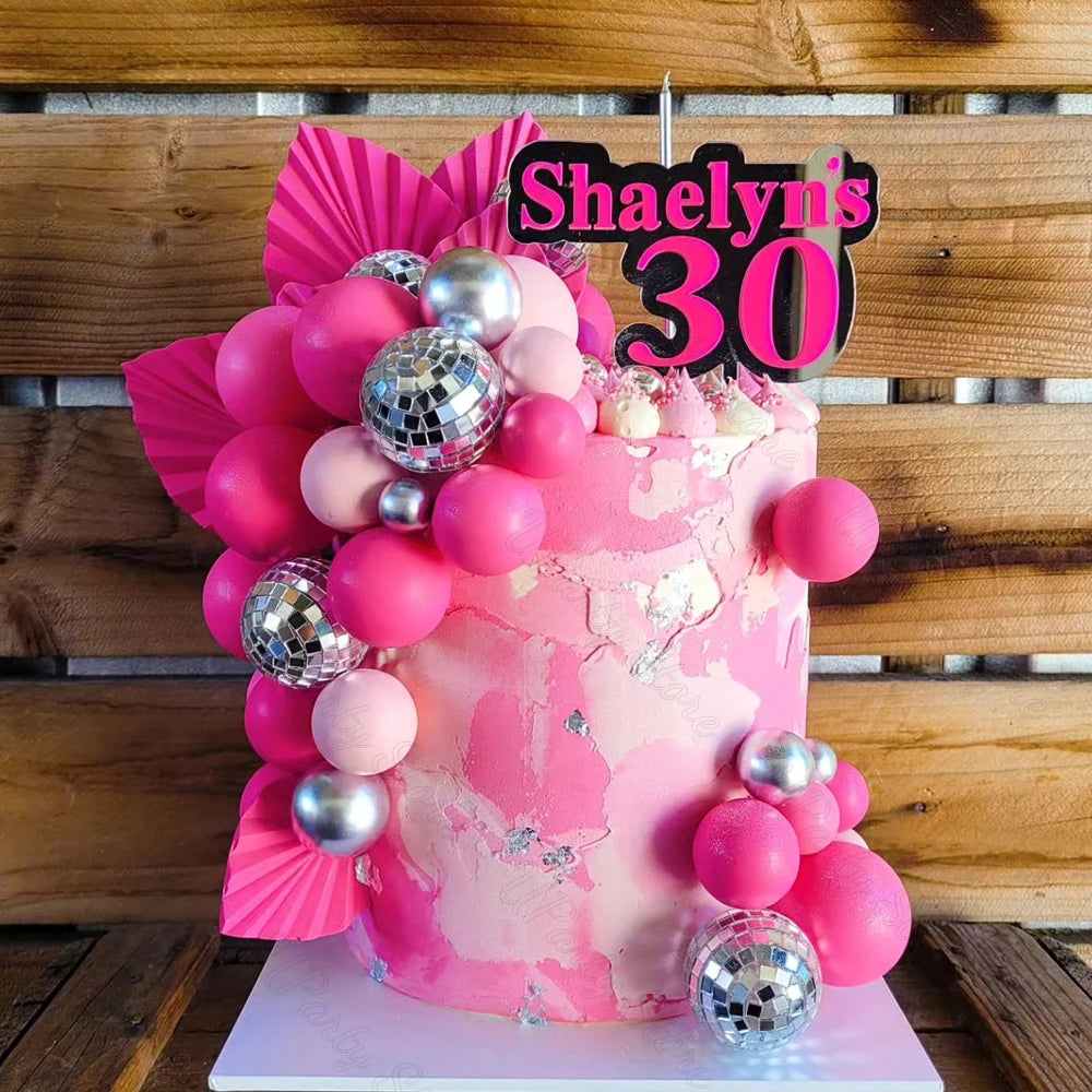 30Pcs Hot Pink Cake Balls Topper  Pink Silver Glitters Disco Balls Cake Toppers for Wedding Disco Birthday Cake Decor Supply
