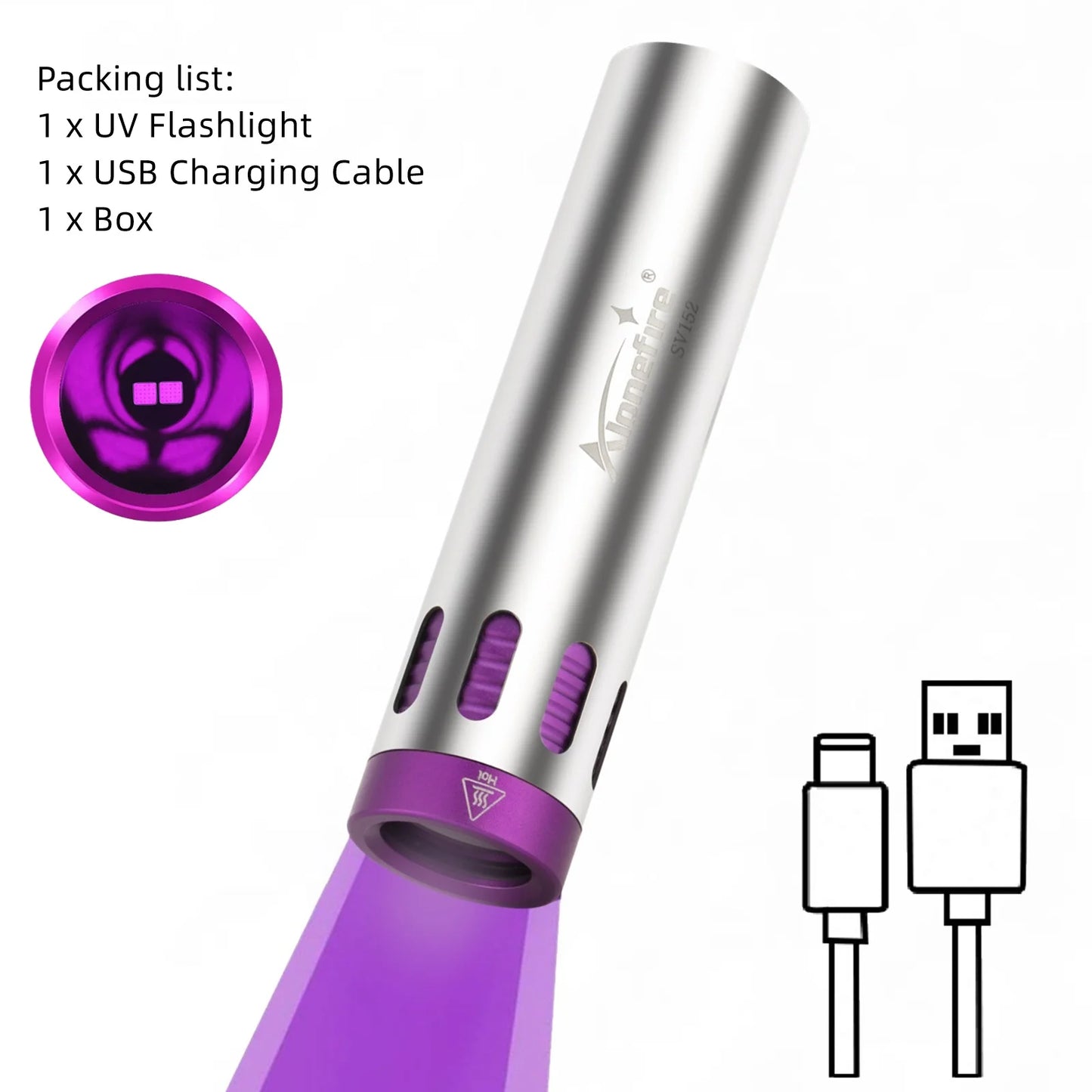 10W 365nm Dual Core UV Rechargeable Blacklight Flashlight