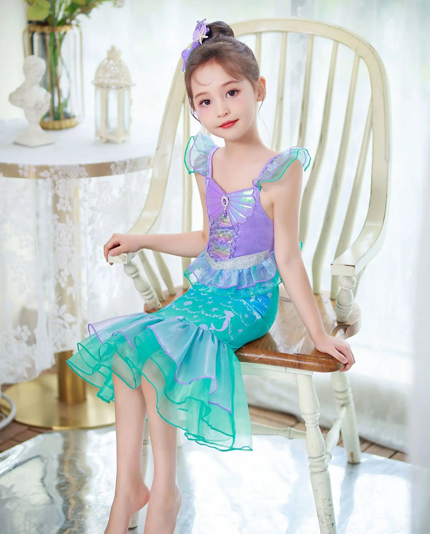 Mermaid Princess Dress for Girls - Summer flutter sleeves Sequin Tulle Dress Sparkling Ocean Themed Party Gown