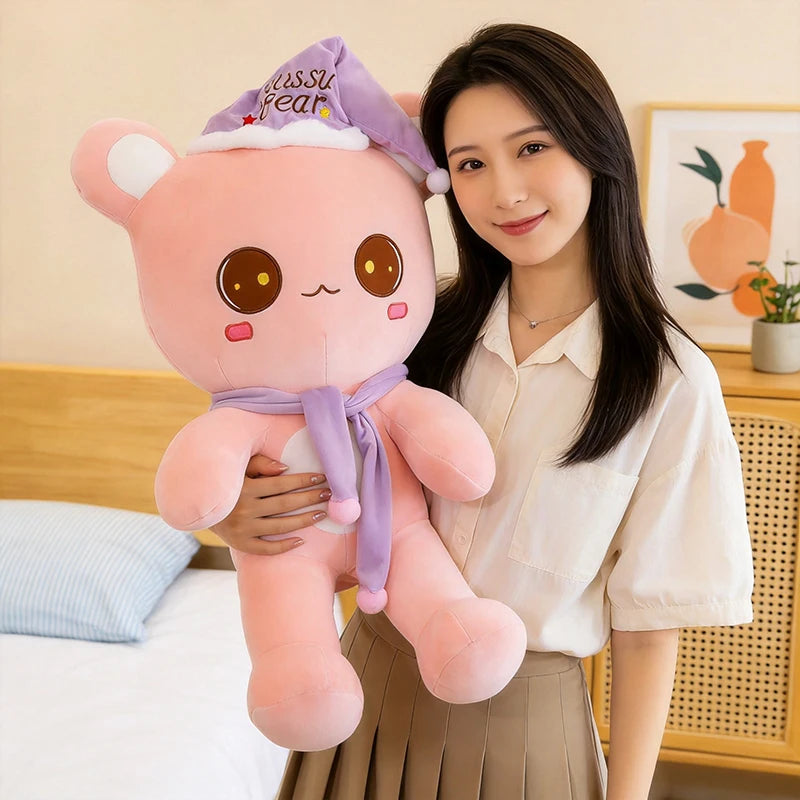 Cute Bear Plush Toy With Sleep Hat And Scarf Soft Pillow