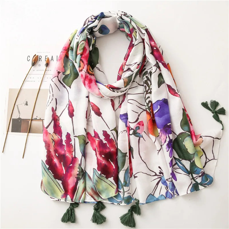 Beige Coffee Scarf Luxury Thin Women Scarves Spring Floral Hijab Veils Soft Cotton Shawl Wrap Tassel Viscose Muslim Woman Hijab