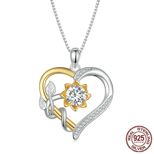 1.0 CT D Moissanite Heart Shape Sunflower Charm Necklace for Women Double Color Yellow Gold 925 Silver Links