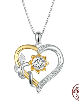 1.0 CT D Moissanite Heart Shape Sunflower Charm Necklace for Women Double Color Yellow Gold 925 Silver Links