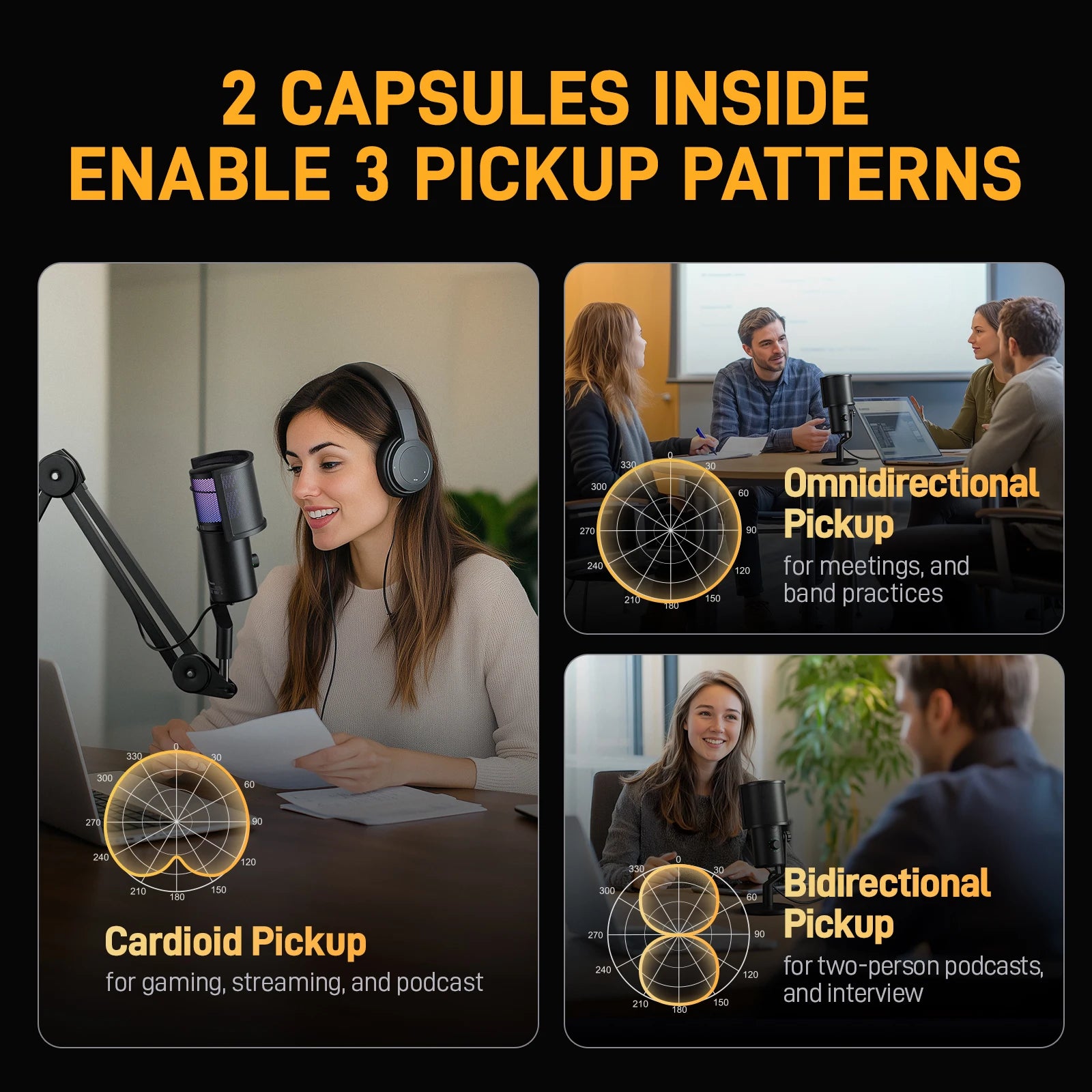 DM50 USB Microphone for Gaming Streaming Podcast Professional Studio Recording Condenser Mic with 3 PolarPatterns Software