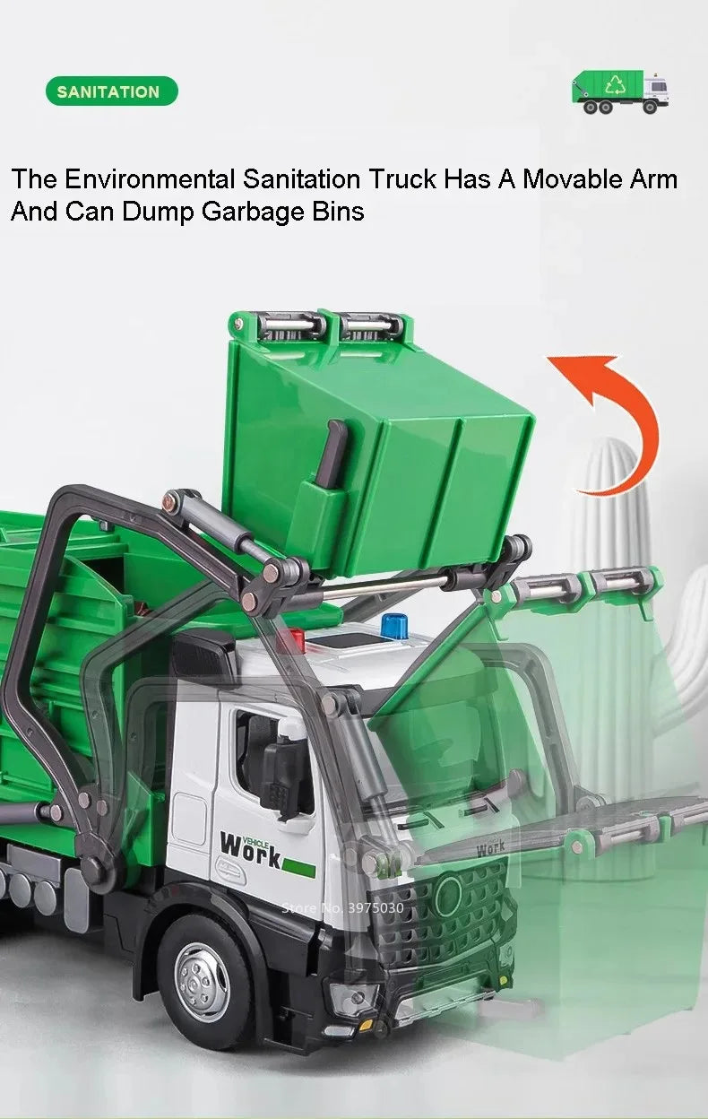 1:24 Scale Watering Cement Dump Trucks Model Garbage Truck Toy Car Sound Light Doors Opened Engineering Vehicles  Gifts